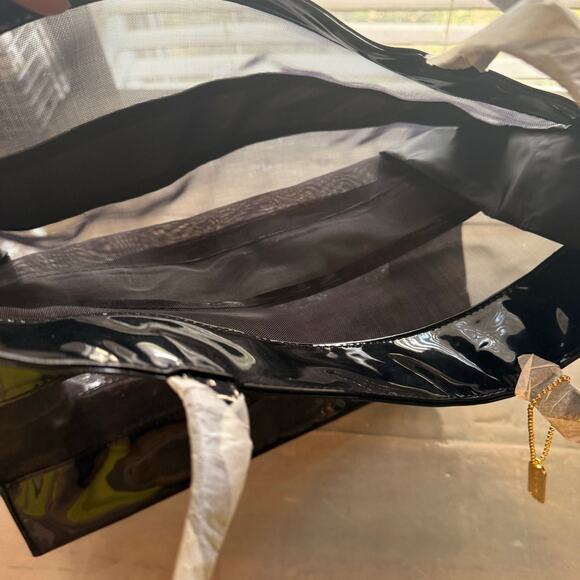 Elizabeth Arden Black Patent Leather Sheer Striped Vintage Tote NWOT - Picture 5 of 8